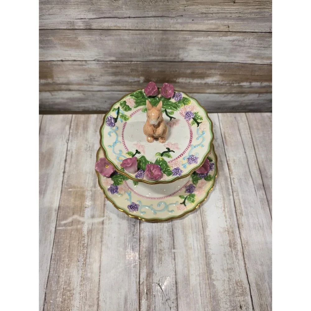 Avon Springtime Collection 2 Tier Server Bunny Bird Floral‎ Easter Tiered Tray